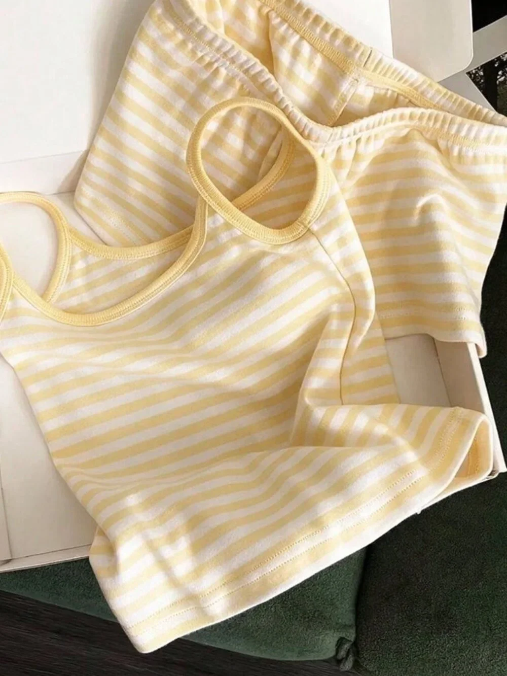 Light Yellow Casual Women's Vacation Striped Camisole Top And Shorts Set
